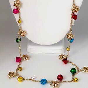 Novelty Bows & Colorful Bell Necklace Gold Tone Long 37"